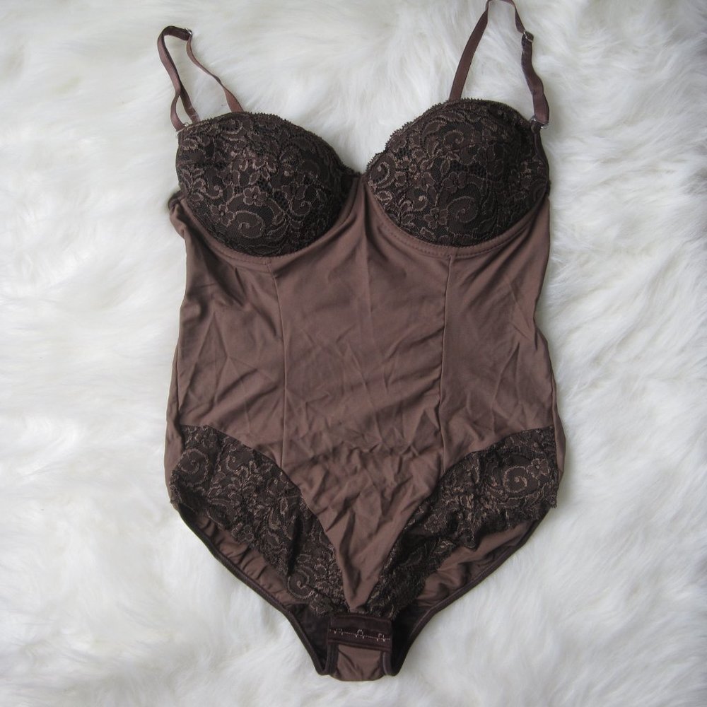 Sexy Dark Brown Lace Lingerie Bodysuit Padded Demi Bra Convertible Straps 36B M